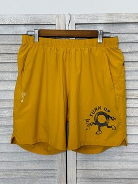 Roark Run Amok Men’s M Turn Up Graphic Running Shorts Mustard Yellow Lined